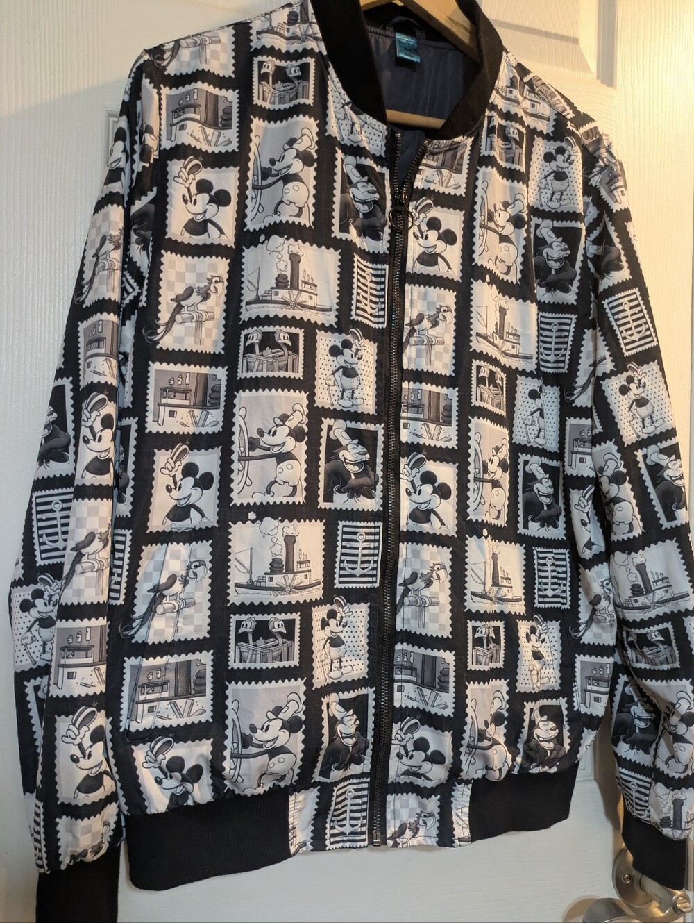 Black & White Mickey Mouse Pattern Bomber Jacket - Unbranded
